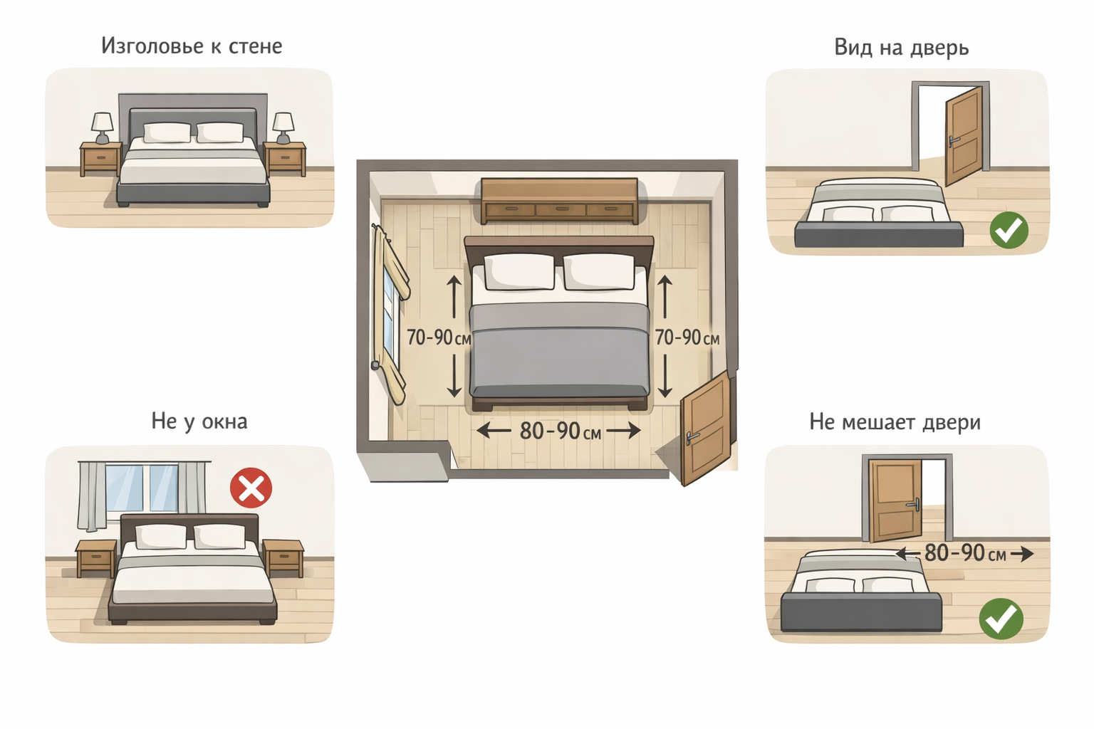 Как кровать должна стоять в спальне правильно: правила размещения, размеры и планировка Как кровать должна стоять в спальне правильно: правила размещения, размеры и планировка